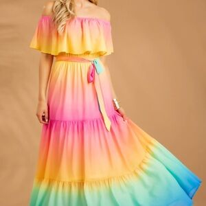 Rainbow Off-Shoulder Maxi Dress